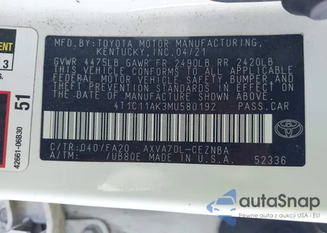 2021 Toyota Camry Le из США, поврежденный, VIN 4T1C11AK3MU580192